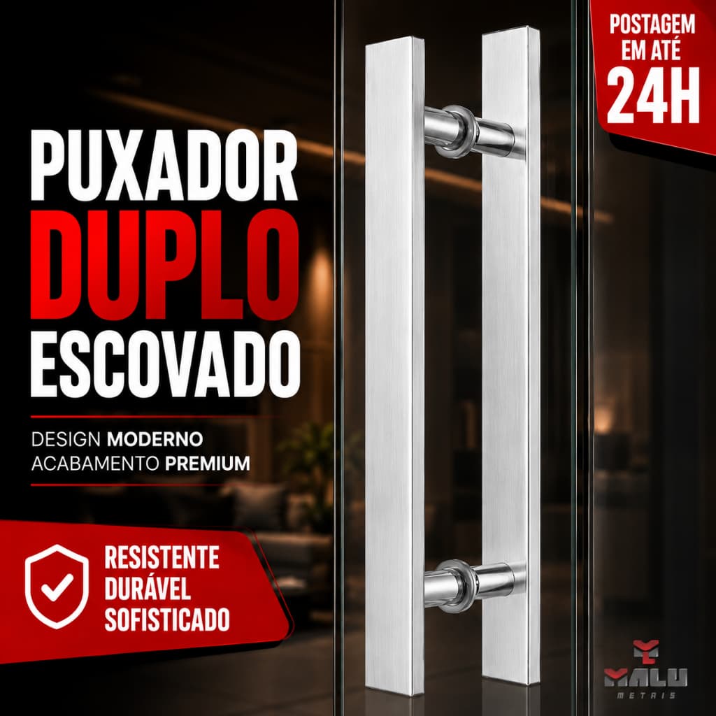 Puxador Duplo Escovado Alumínio 40 cm Porta Pivotante, Madeira, Vidro Cdg. 6140-1
