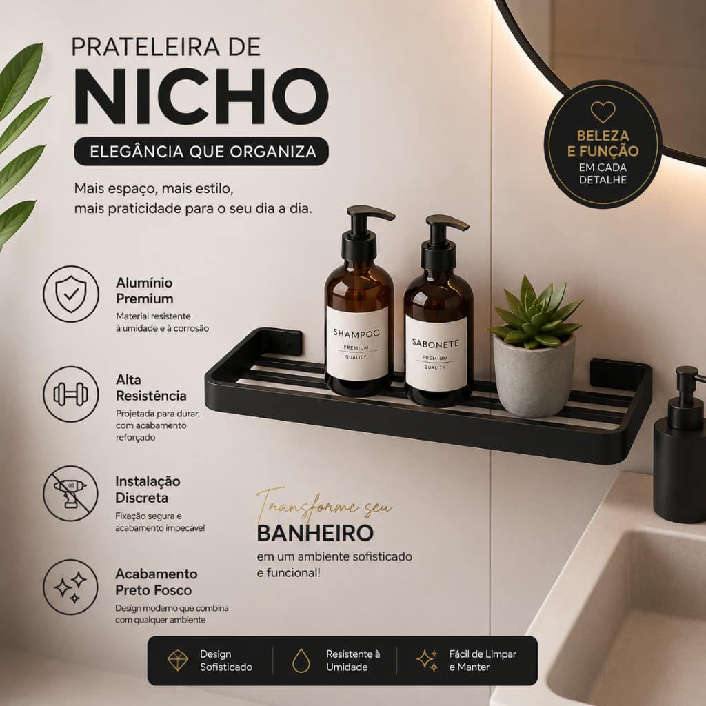 Prateleira Nicho Preto Fosco Premium | Organizador para Banheiro e Lavabo | Design Moderno