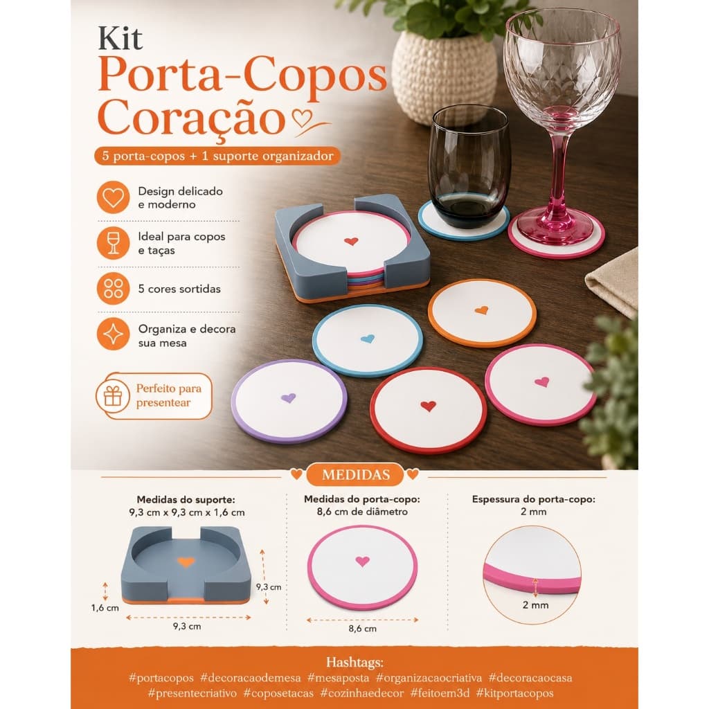 Kit Porta Copos Coração com Suporte Organizador