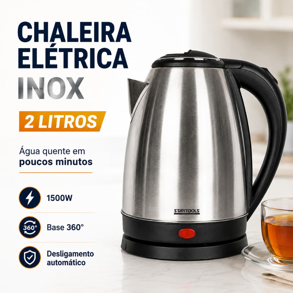FIX/STARTOOLS Chaleira Jarra Elétrica 110V ou 220V 1.8 Litros 1000W Inox Prateada