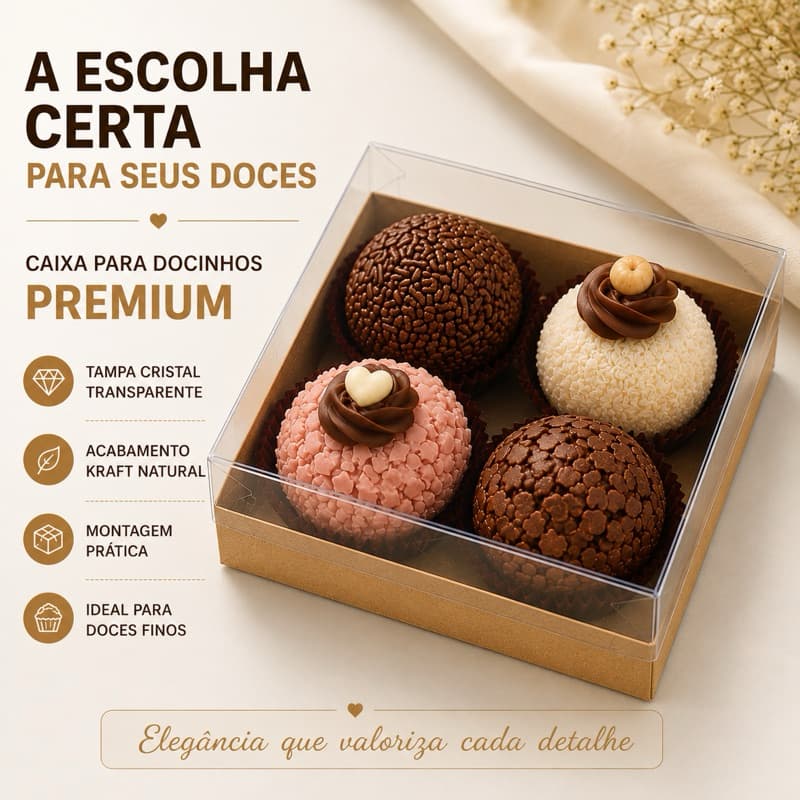 Kit com 10 Caixas Kraft para 4 Doces com Visor 7x7x3 | Embalagem para brigadeiro, Trufa, Presente e Artesanato