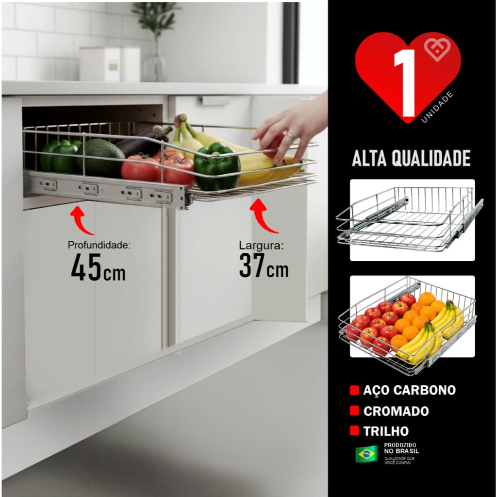 Gaveta Fruteira Aramada Deslizante 37 cm Cromada Com Trilhos | Organizador P/Armário de Cozinha | Cesto Fruteira forte