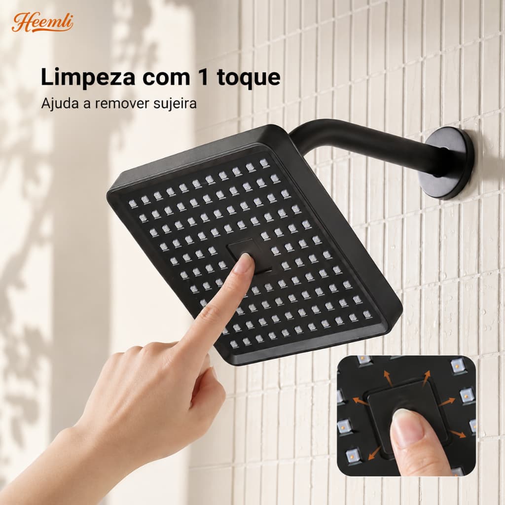 Heemli Ducha Chuveiro Quadrado Preto com Bicos de Silicone Antientupimento Autolimpante para Banheiro