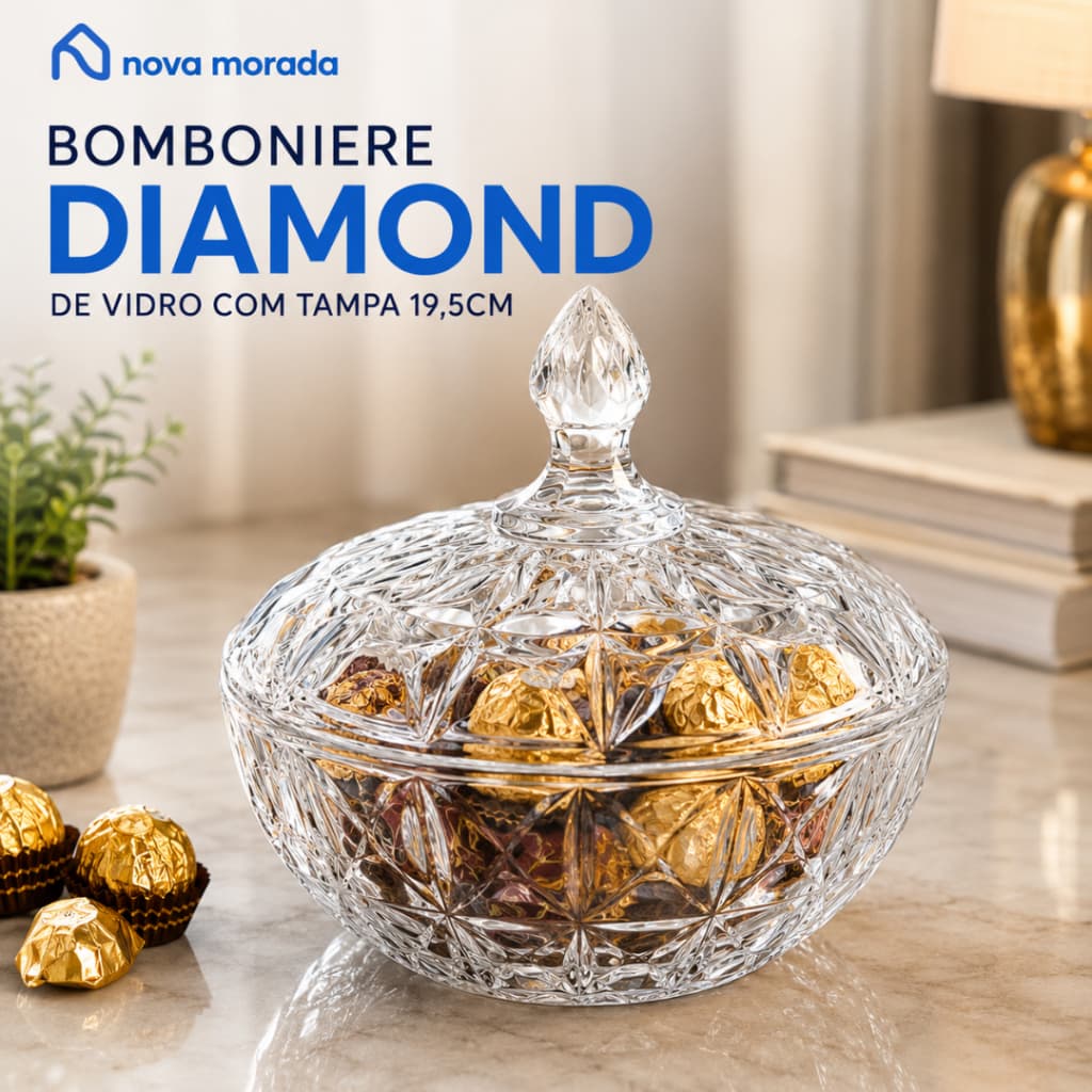 Bomboniere de Vidro com Tampa Cristal Diamond Porta Bombons Baleiro Potiche Decorativo 19,5cm