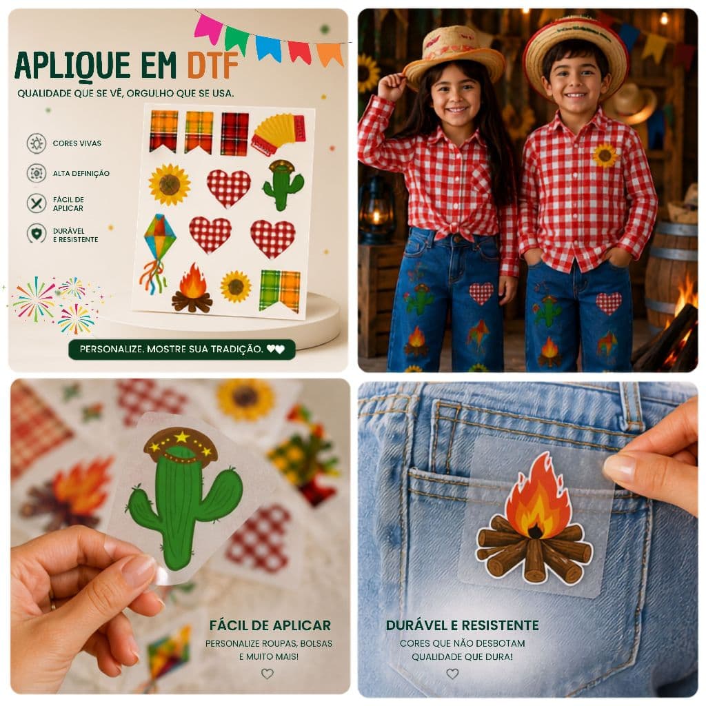 Aplique Festa Junina DTF Termocolante Para Personalização De Roupas E Acessórios
