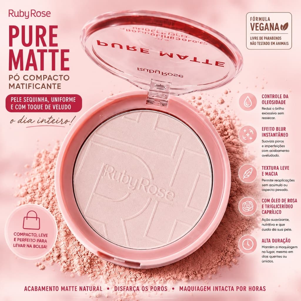 Pó Compacto Matificante Pure Matte Ruby Rose Efeito Matte Controle da Oleosidade Toque Seco 6,5g
