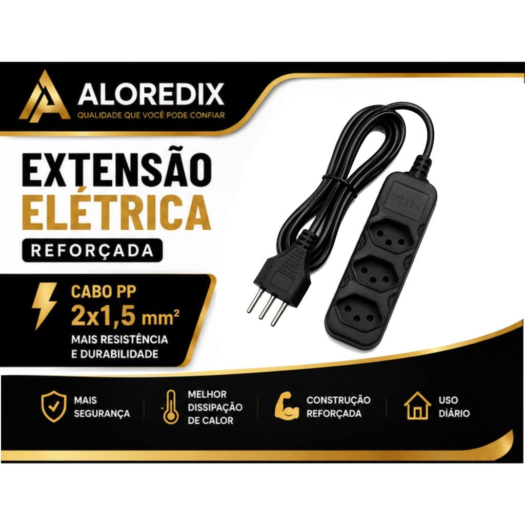 Extensão Elétrica Reforçada Cabo PP 2x1,5mm 3 4 5 Tomadas Bivolt Uso Residencial e Comercial