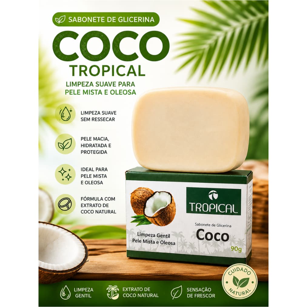 Sabonete de Coco Tropical 90g | Pele Limpa, Hidratada e Sem Oleosidade