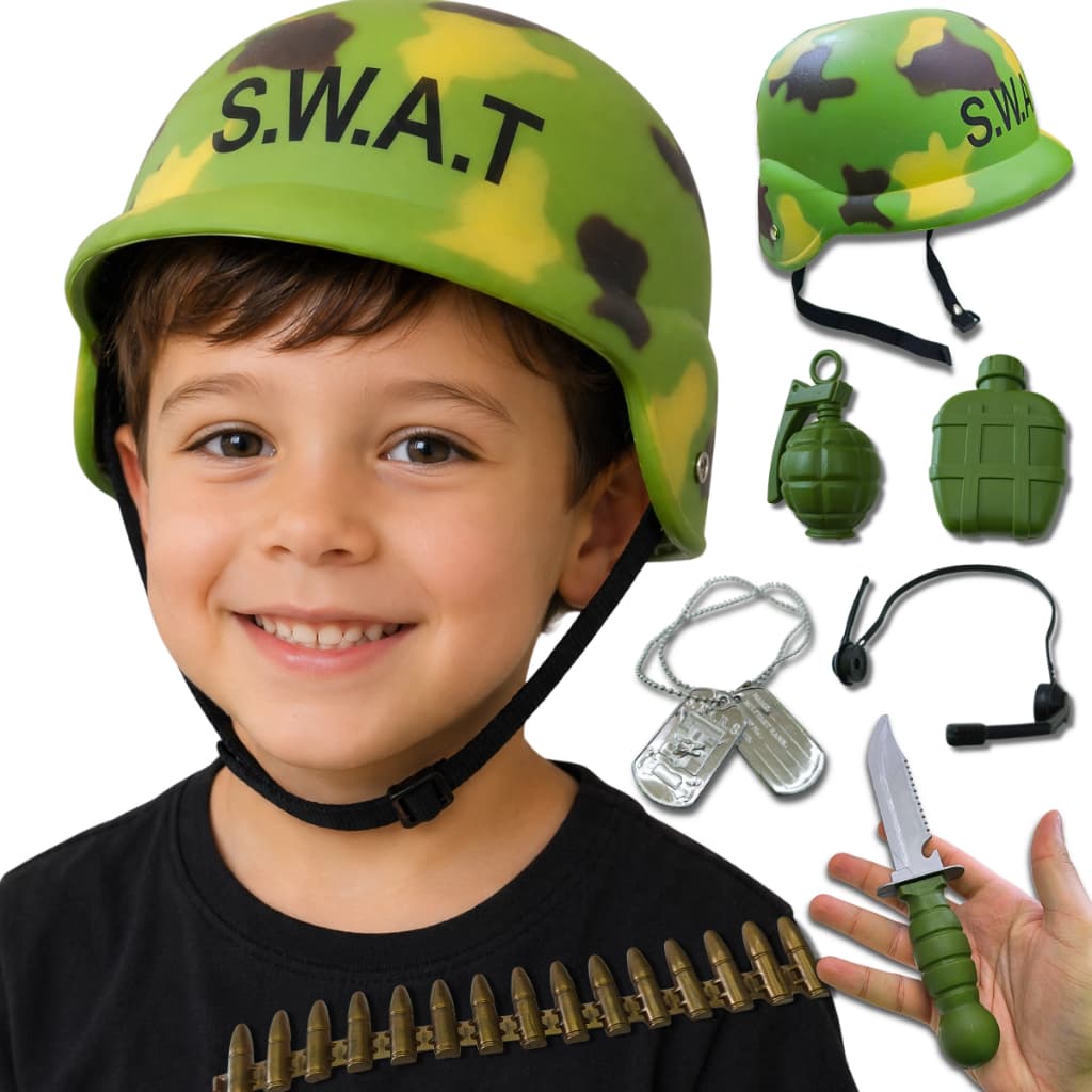 Kit Soldado Infantil Capacete Militar Acessórios Brinquedo Completo Rádio Granada Cantil