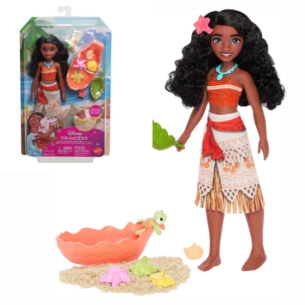 Boneca Moana Disney Princesa com Bebê Tartaruga e Areia Moldavel - Mattel Original