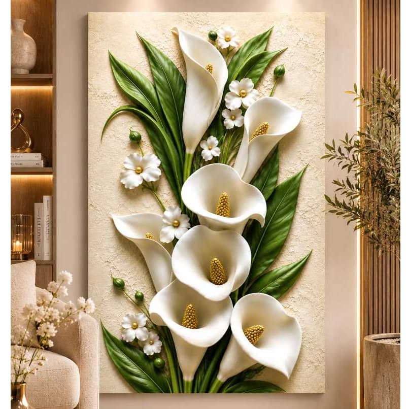 Quadro Decorativo Vertical Flores Copo de Leite Branco Floral Moderno Sala Quarto Consultório