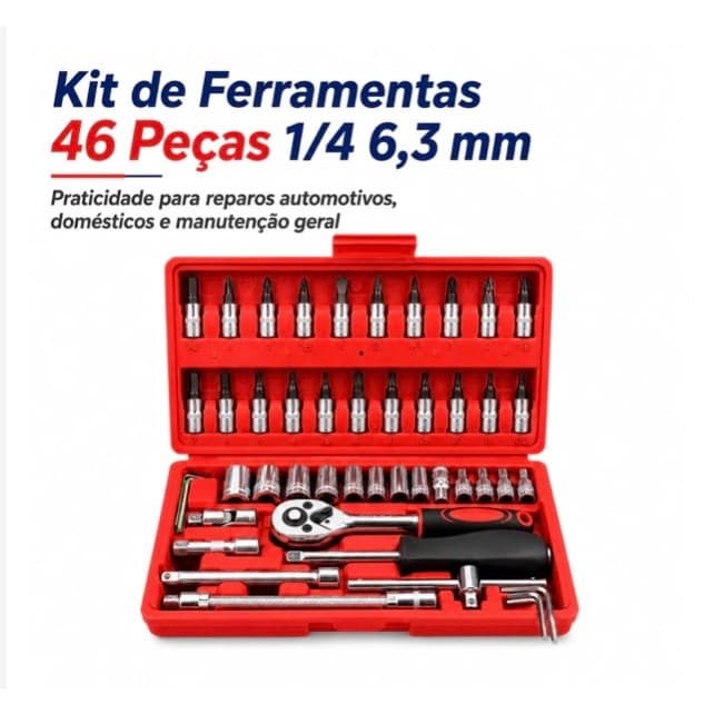 Kit Ferramentas Profissional 46 Peças 6,3mm Catraca + Soquetes + Extensores