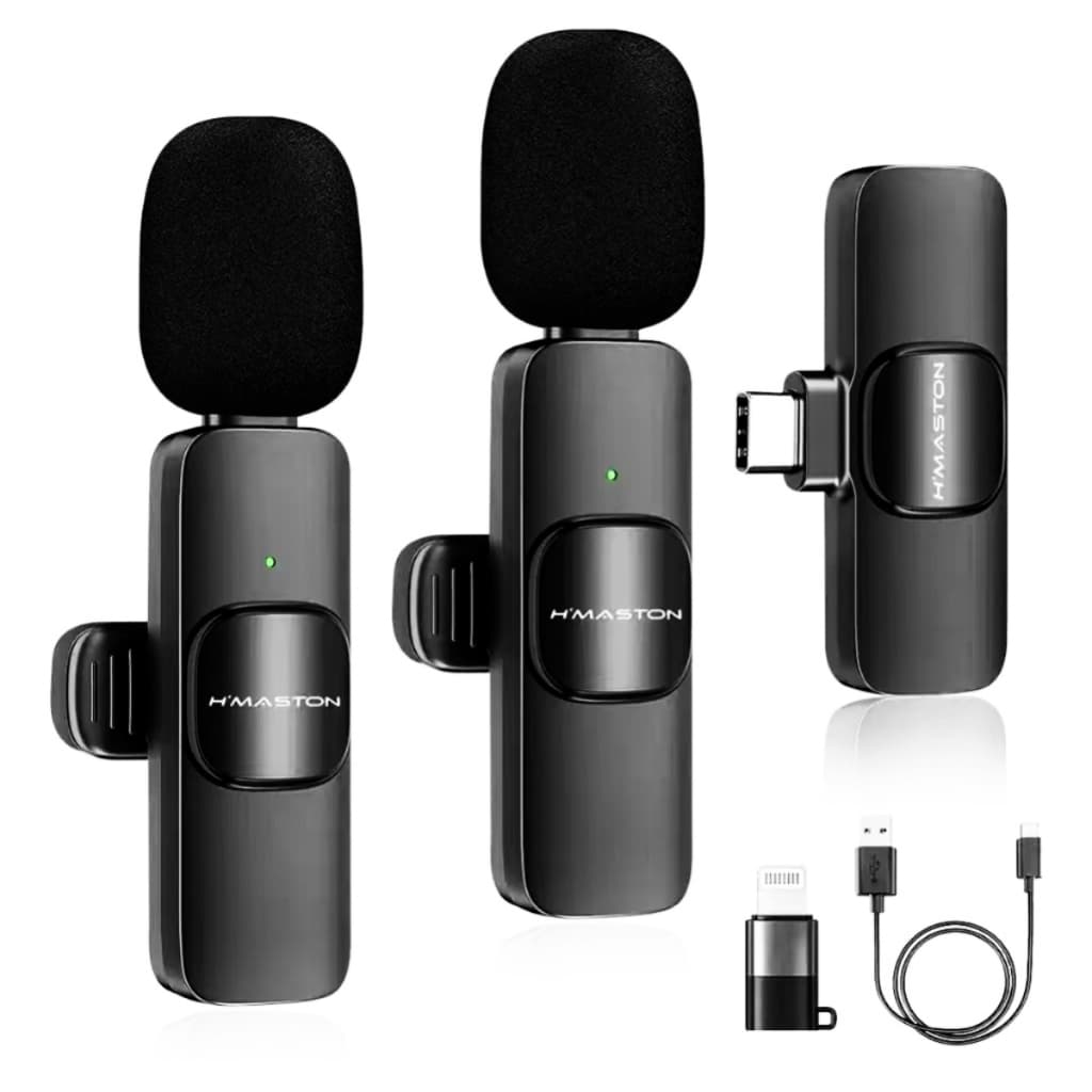 Microfone de Lapela Sem Fio  Duplo Unidades 3 em 1 Compatível iPhone e Android