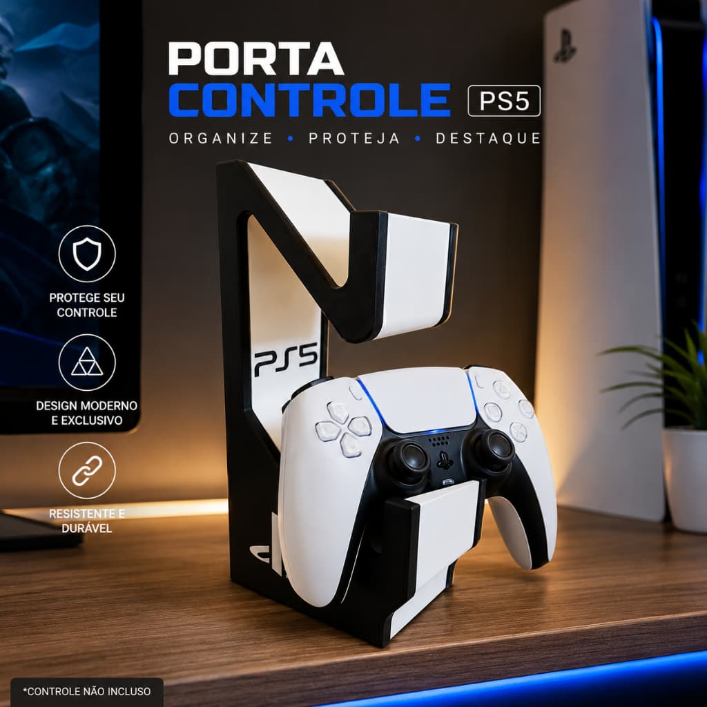 Suporte Porta Controle PS5 Vertical Organizador Gamer Branco Preto