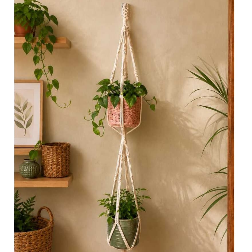 suporte  duplo para planta em macrame feito a mão 1,80 Decoração boho para vasos