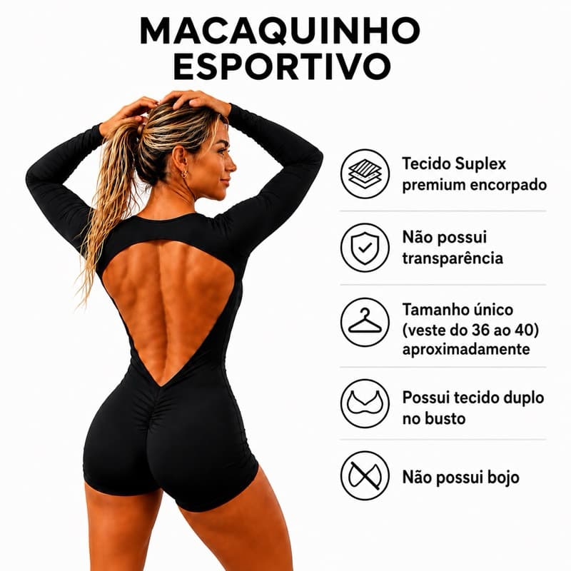 Macaquinho body collant esportivo fitness academia decote manga longa