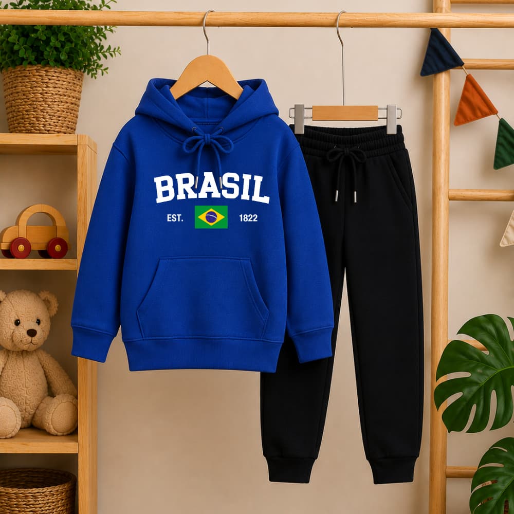 Conjunto Infantil Brasil Moletom Canguru com Capuz e Calça Quentinho e Confortável