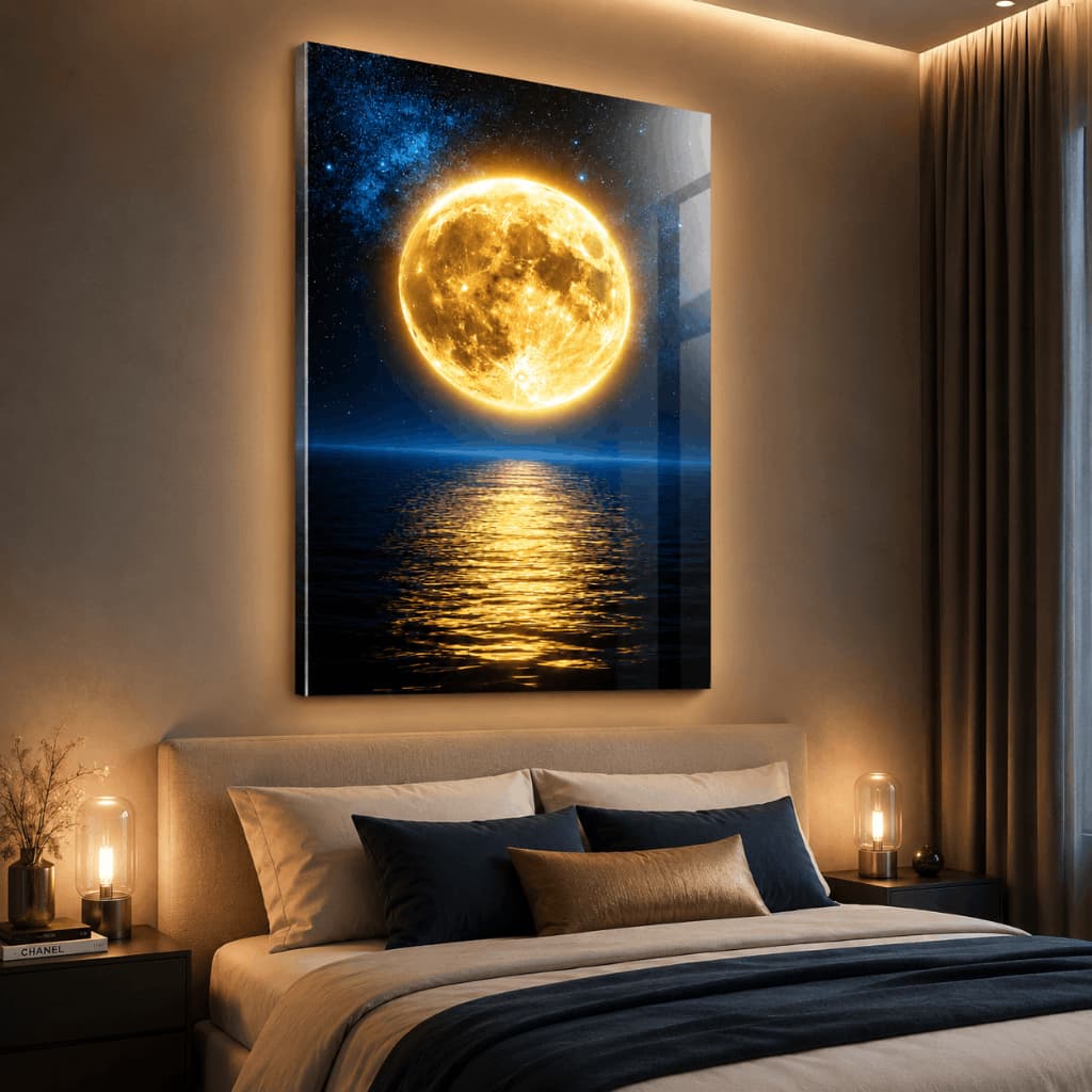 Quadro Decorativo Lua Cheia Dourada Mar Noturno Premium Para Sala Quarto E Escritório