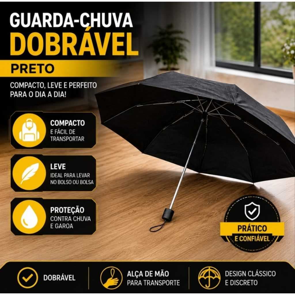 Guarda-Chuva Dobrável Preto Compacto Resistente Portátil