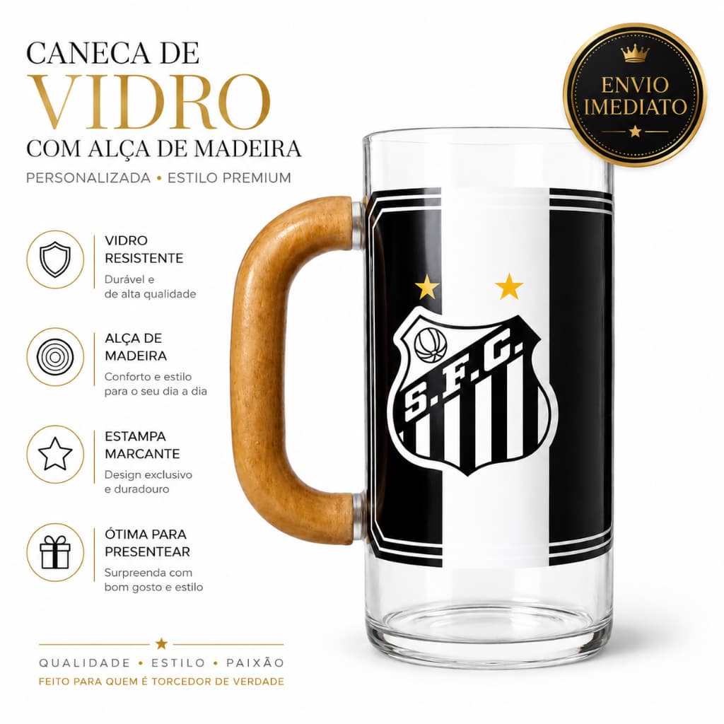 Caneca De Vidro Do Santos Com Alca De Madeira Time Torcedor Alvinegro Top Envio Rapido