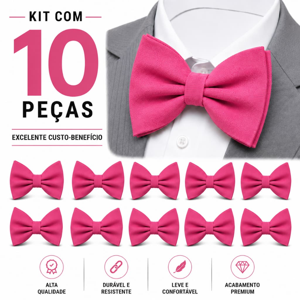 KIT Gravata Borboleta Tamanho Cor "PINK" Casamento Evento Padrinhos - 10 UNIDADE