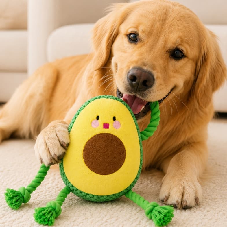 Brinquedo Abacate de Pelúcia para Pet com Cordas e Apito Mordedor Interativo para Cães