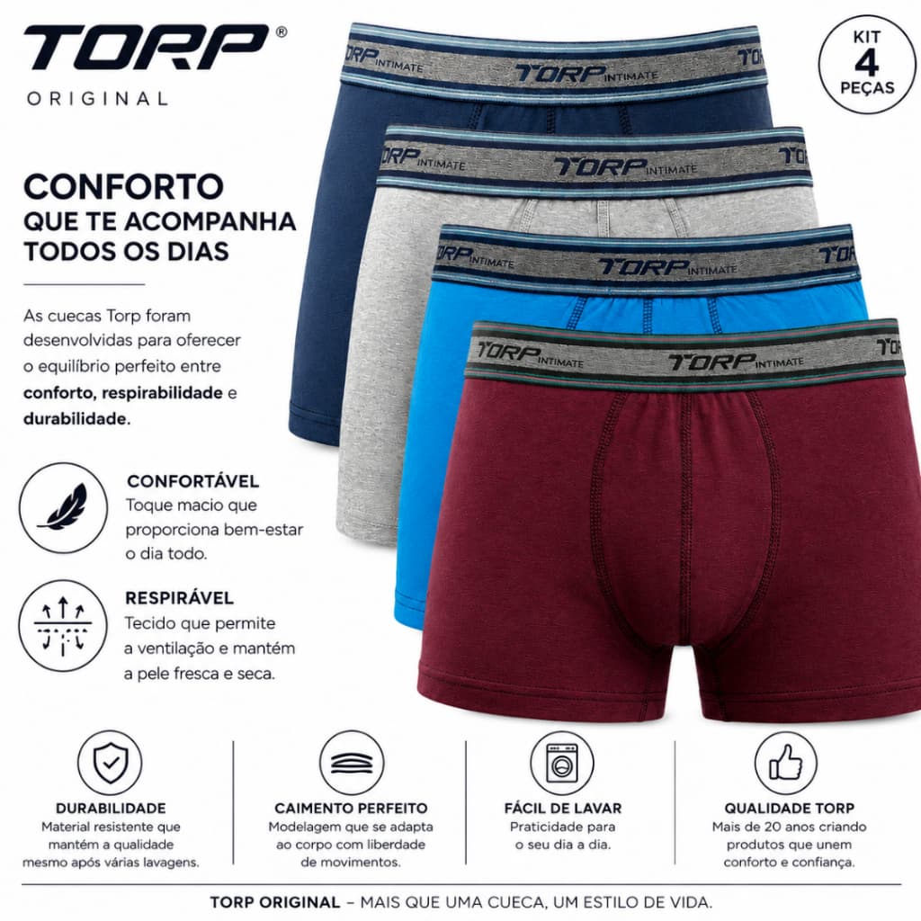 Kit 4 Cueca Boxer Torp Kit Cueca Box Elástico Exposto Cueca Masculina Algodão Costura Lisa Cotton