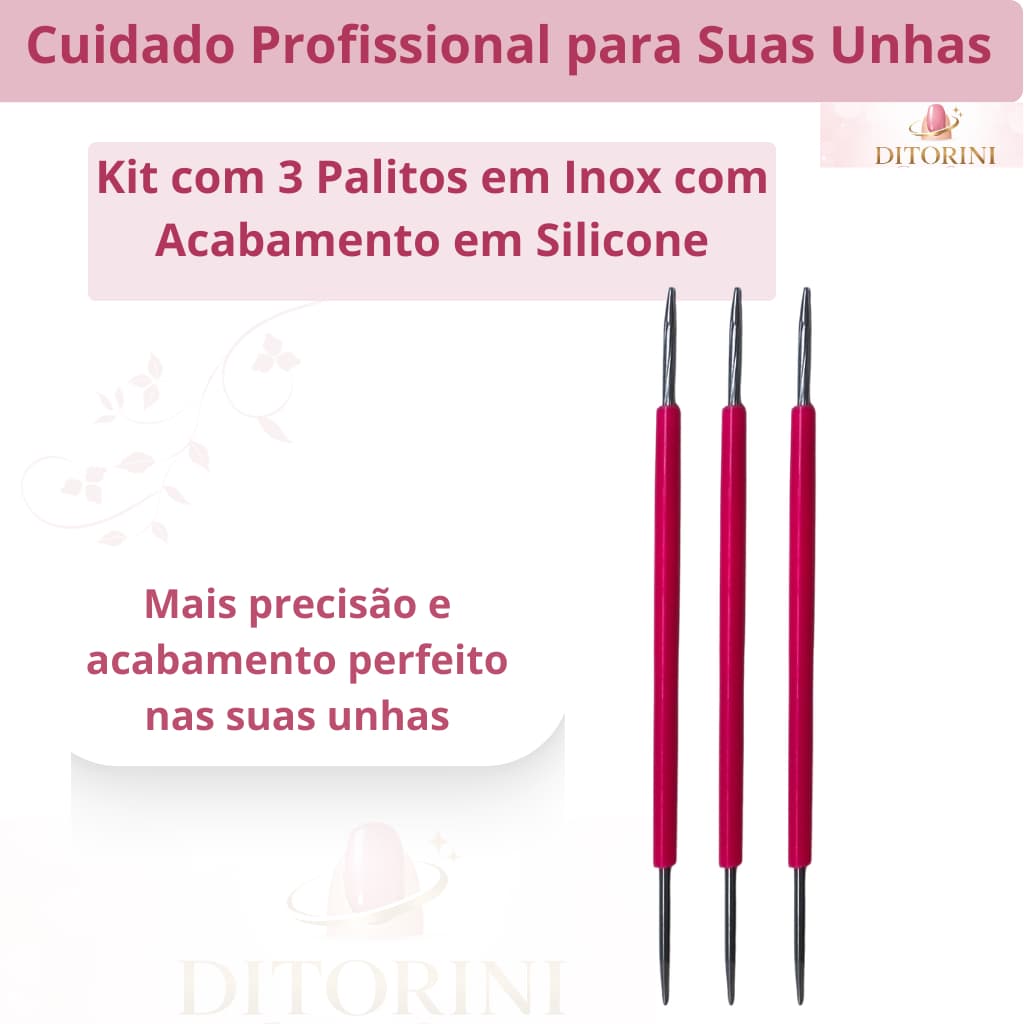 Kit 3 Palitos para Unhas em Aço Inox com Silicone Manicure Pedicure Autoclavável