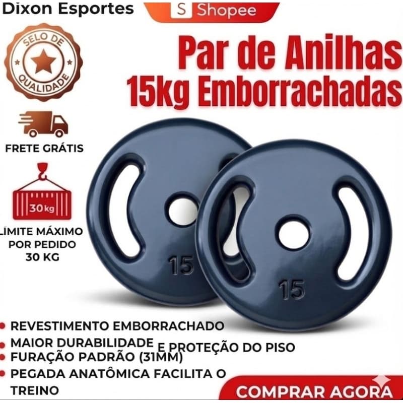 Par Anilhas 15kg Emborrachadas (2×15kg) Treinos Academia Musculação