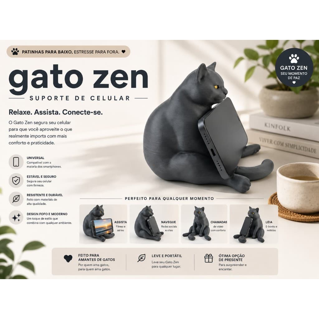 Suporte de Celular Gato Relaxado Porta Celular Decorativo Universal para Mesa e Escritório