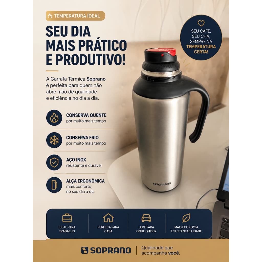 Garrafa Térmica Ágata Soprano - Cor: Prata Inox 1,5 L