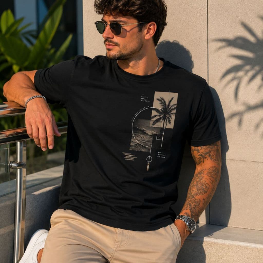 Camiseta Masculina Estampa Tropical Geométrica Premium Streetwear Casual Moderna