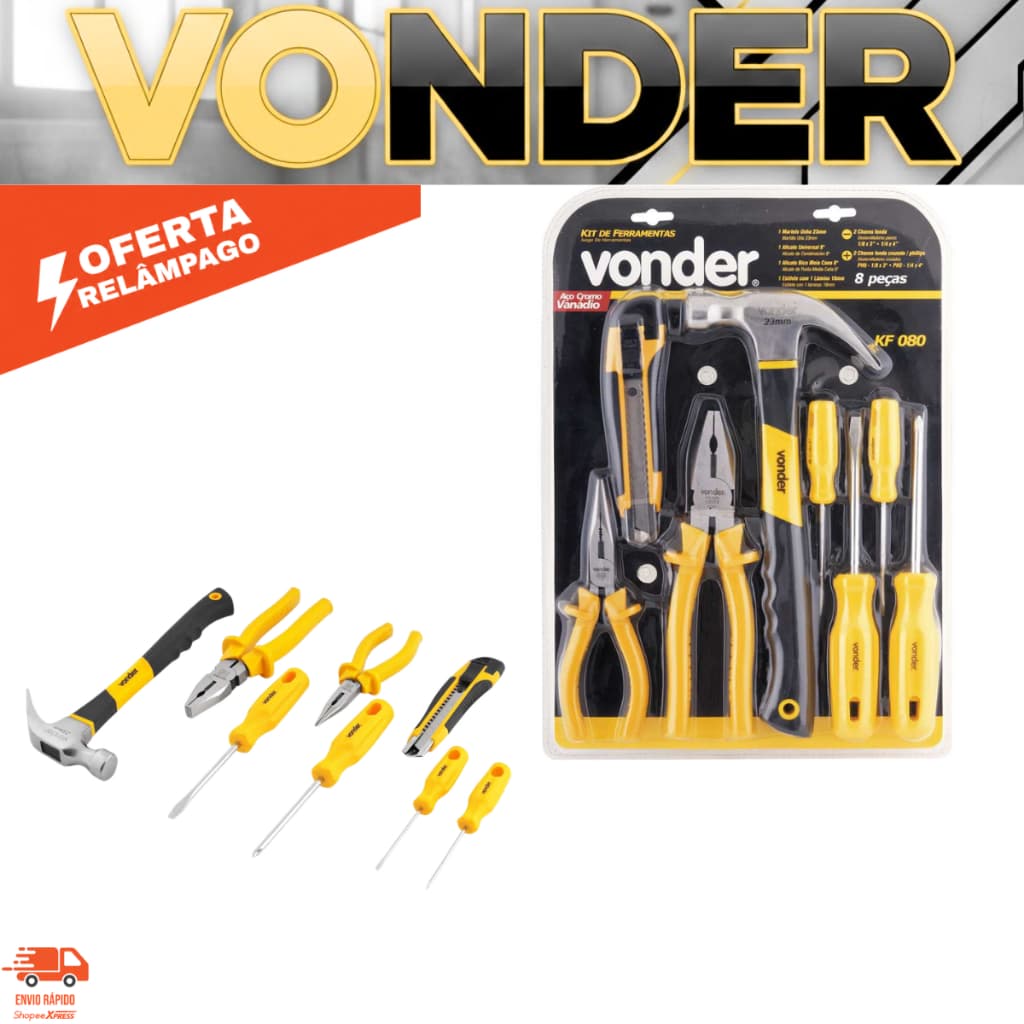 Jogo De Ferramentas Com 8 pecas KF080 VONDER Martelo Alicate Estilete Chave de Fenda Philips