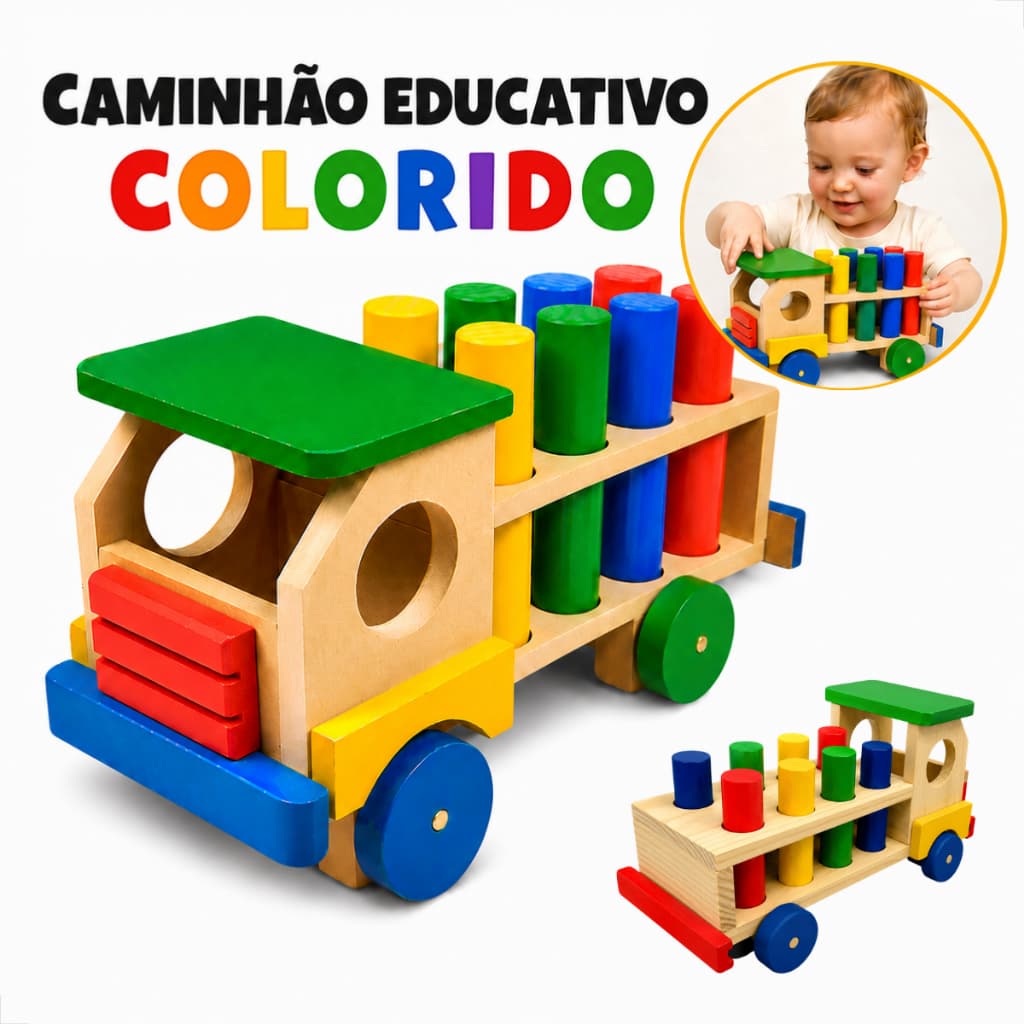 Caminhão Com Pinos Madeira Montessori Brinquedo Educativo Infantil De Encaixe