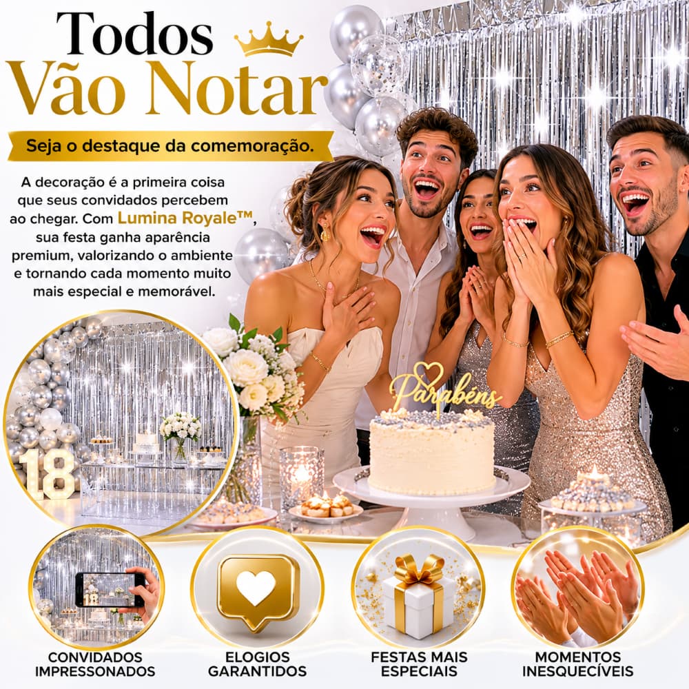 Cortina Metalizada Prata 1x2m Lumina Royale™ Painel Decorativo Festa Aniversário Fundo Fotográfico