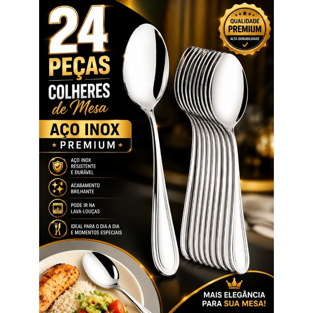 Jogo com 24 Colheres de Mesa Inox – Ideal para Restaurantes e Casa
