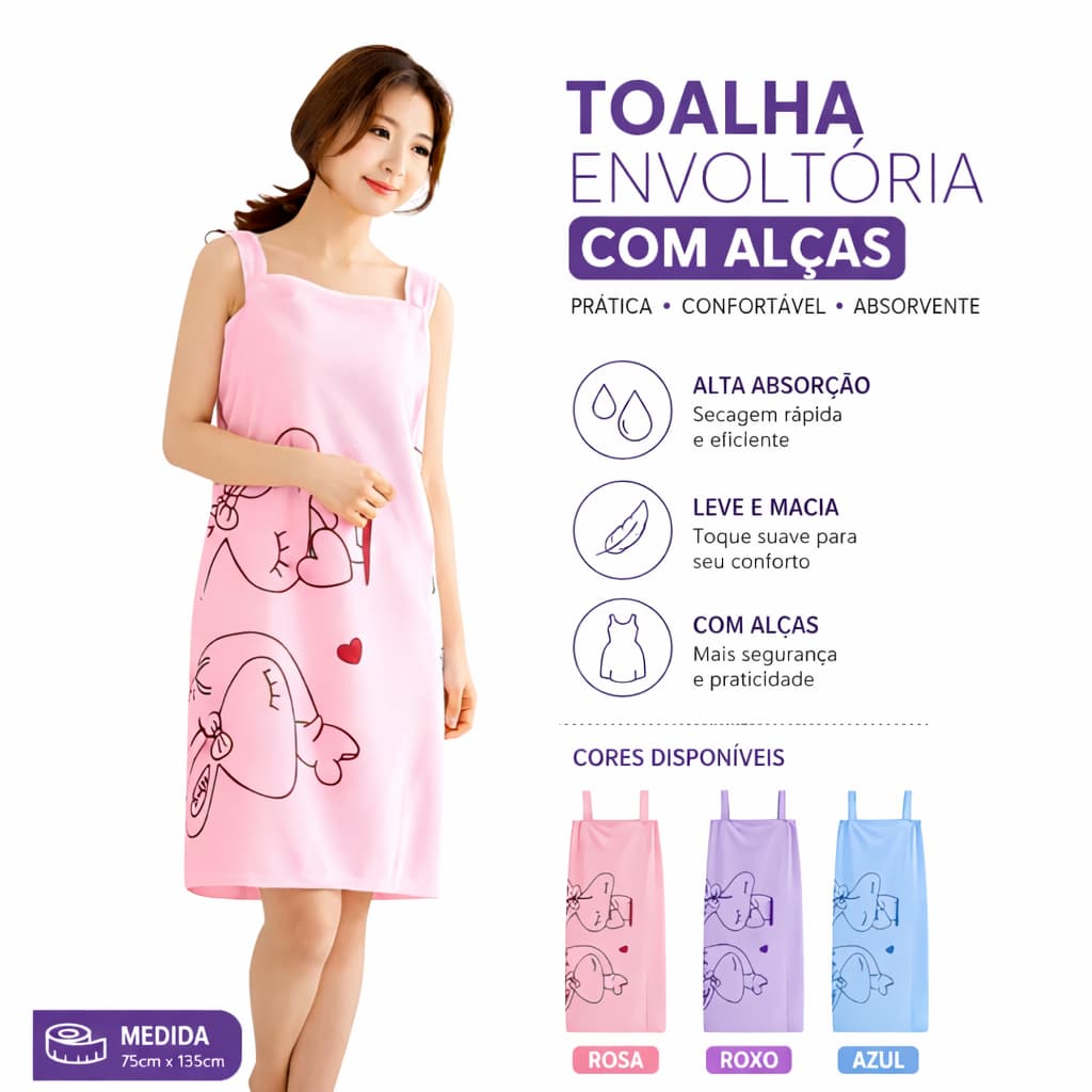 Toalha Vestido Poncho Roupão Feminino Alta Absorção 135x75cm Estampada Secagem Rápida C/ Alça