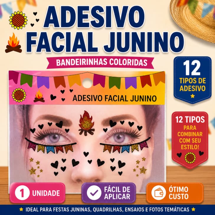 Adesivo Facial Junino Decorativo Bandeirinhas Coloridas Para Festa Junina Quadrilha Arraiá