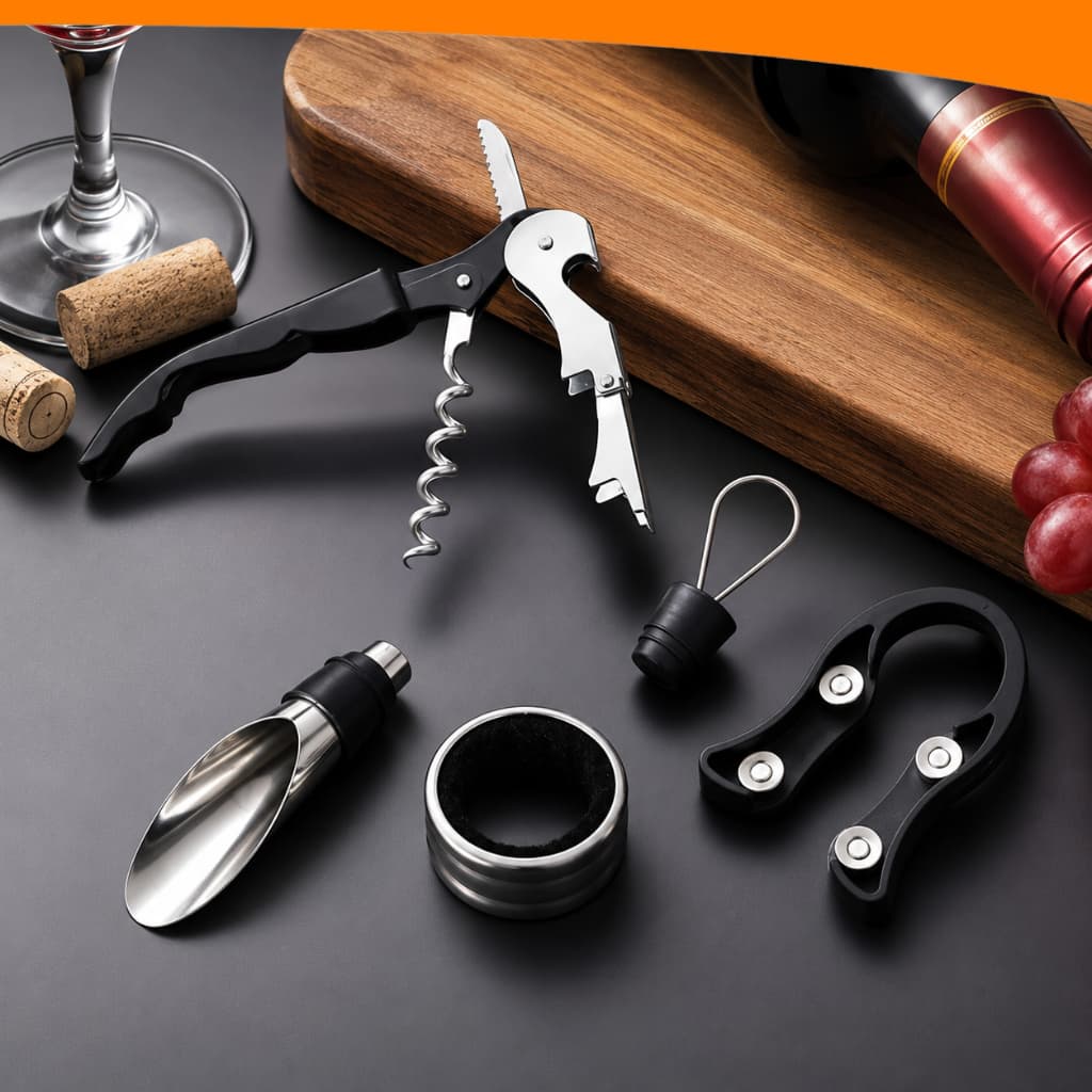 Kit Acessórios Vinho 5 Peças Abridor Cortador Tampa Com Dosador Anel Salva Gotas Em Inox