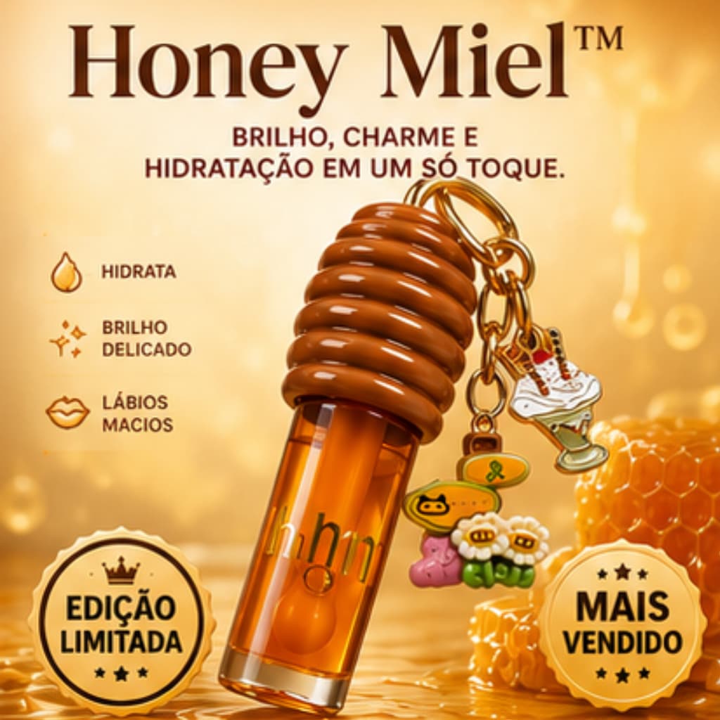 Lip Gloss Honey Mel Hidratante com Chaveiro | Brilho Delicado, Lábios Macios e Aroma de Mel