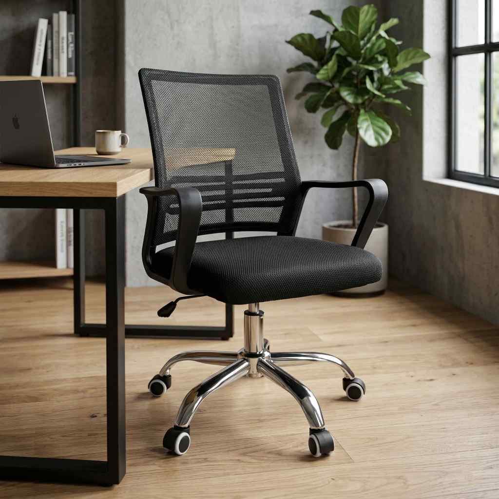 Cadeira Escritorio Giratória Ergonômica Tela Mesh Preta Com Base Cromada Altura Regulável