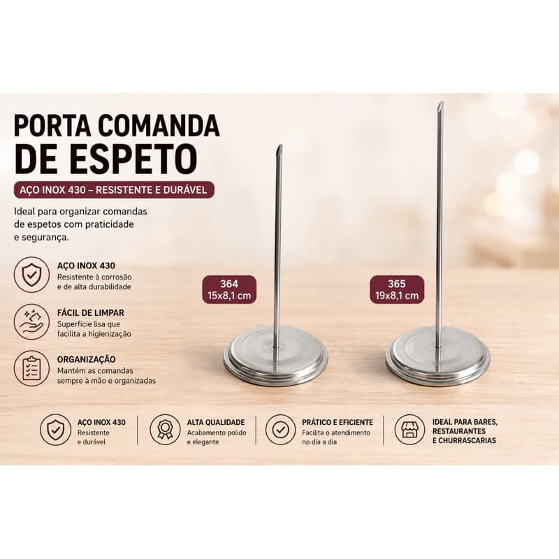 Porta Comanda Inox Espeto Profissional Aço Inox 430 Restaurante Bar 2 Tamanhos