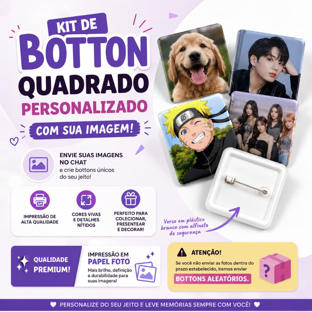 Kit Bottons Quadrados Personalizados com Sua Foto | Papel Fotográfico Premium | Envie Sua Imagem no Chat