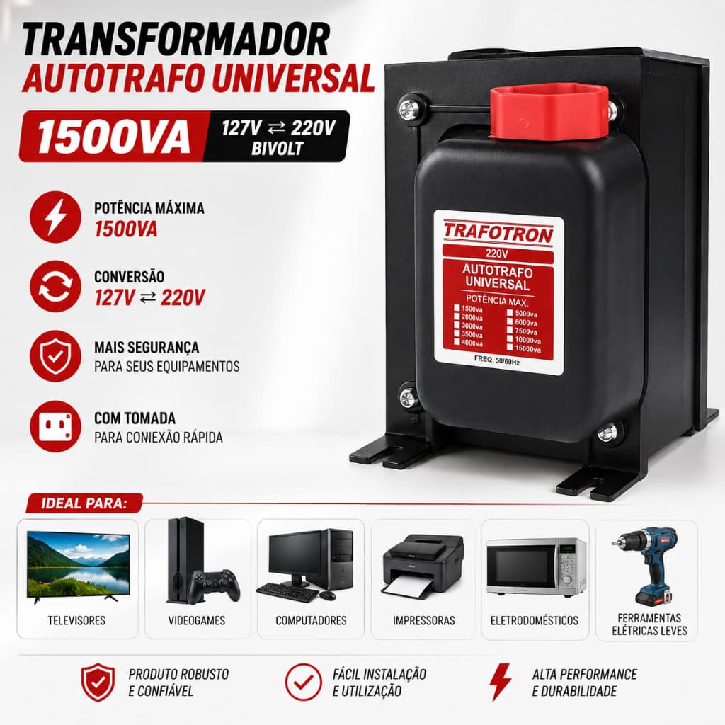 Transformador Autotrafo 1500VA Bivolt 127V/220V Conversor de Tensão com Tomada Alta Potência