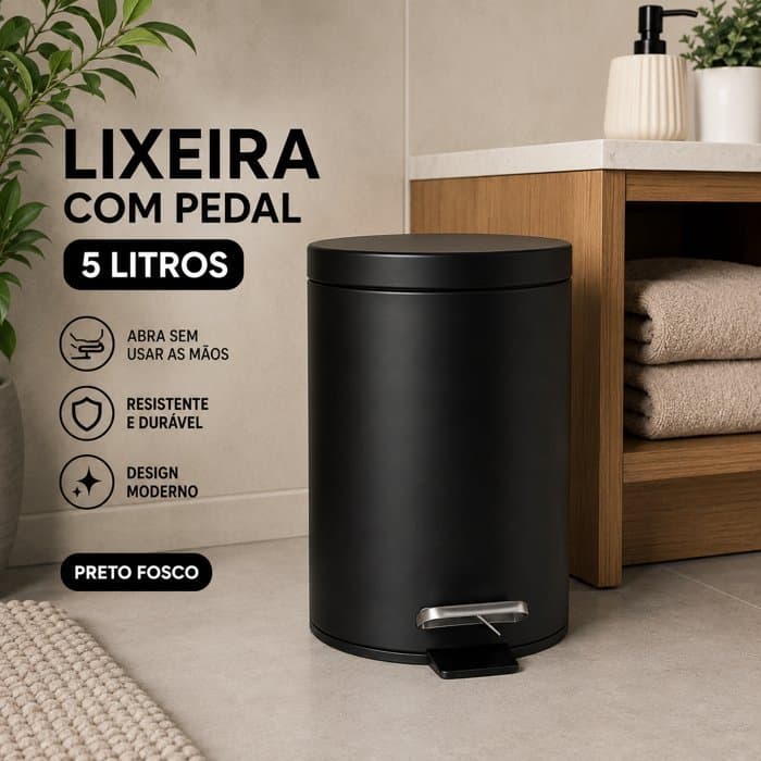 Lixeira Com Pedal Tampa Fechada 5 Litros Compacta Resistente Preta