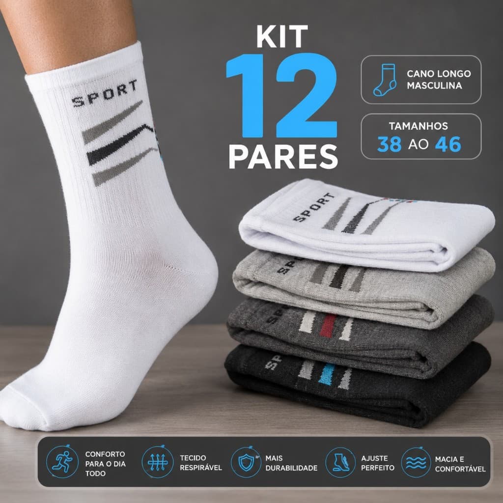 Meia unissex cano longo kit 12 pares Sortidas tamanho  40 ao 46