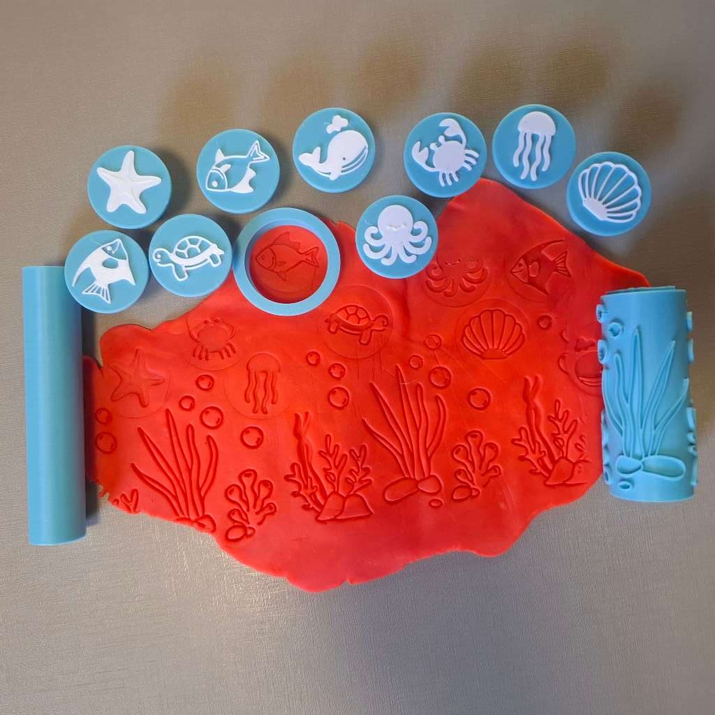 Kit Carimbos E Rolo Para Massinha Tema Fundo Do Mar Brinquedo Educativo Infantil