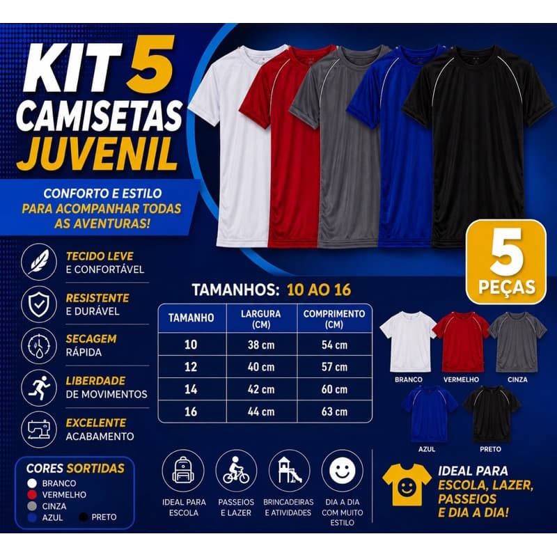 KIT 5 juvenil Camiseta  DRY FIT  Conforto, qualidade e praticidade para todos os 👕🔥