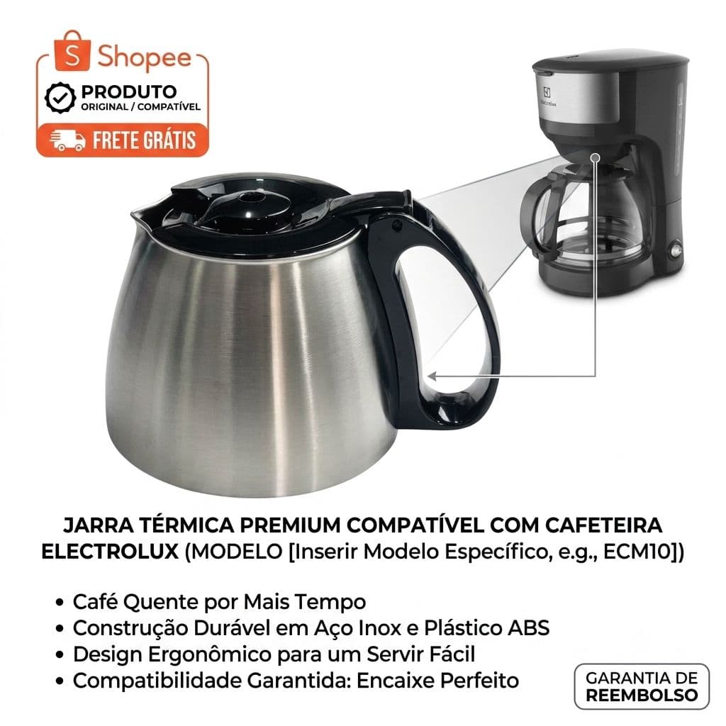Jarra Térmica Inox Compatível Cafeteira Electrolux ECM10 - 15 Cafés Com Tampa