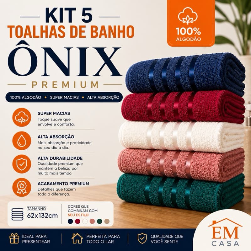 Kit 5 Toalhas de Banho Ônix Premium 62x132cm Super Macias Alta Absorção 100% Algodão